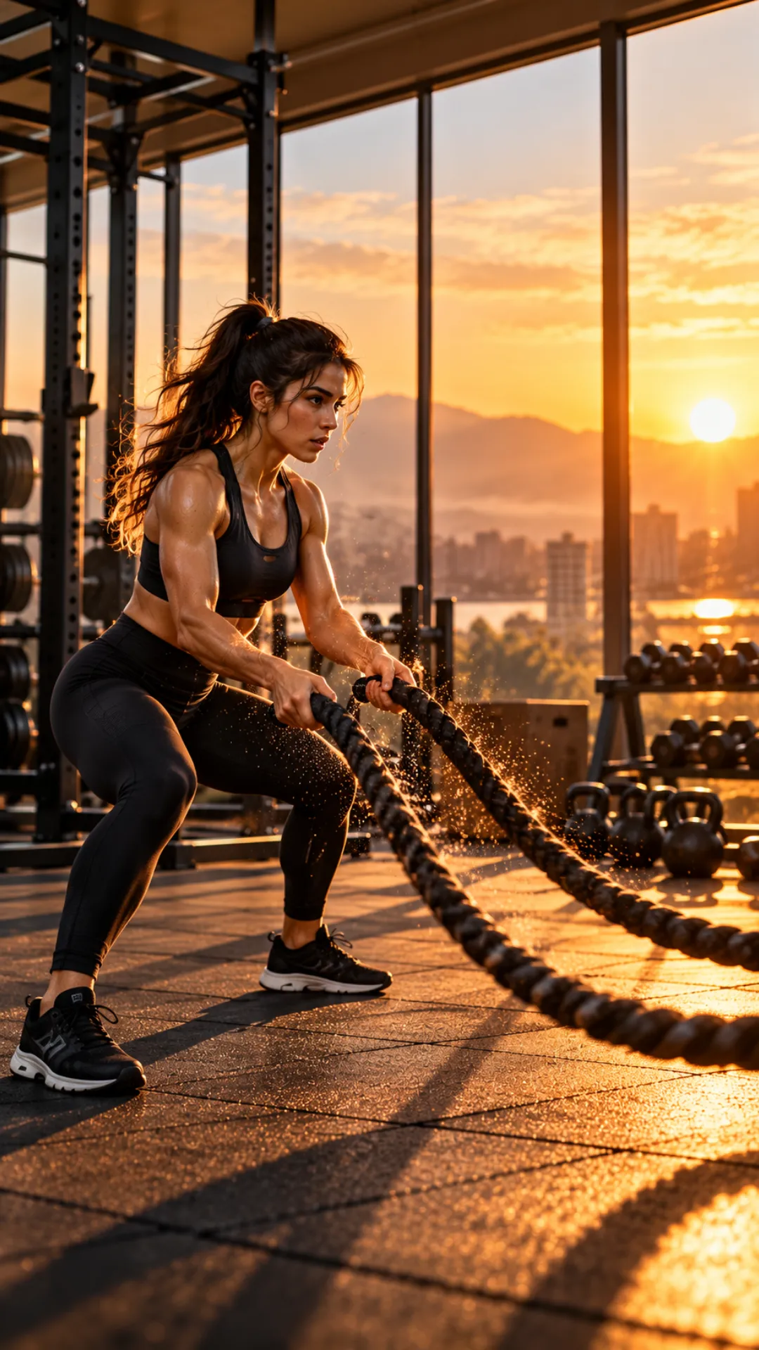 Gym motivation wallpaper featuring a woman training with battle ropes in a gym at golden sunset.