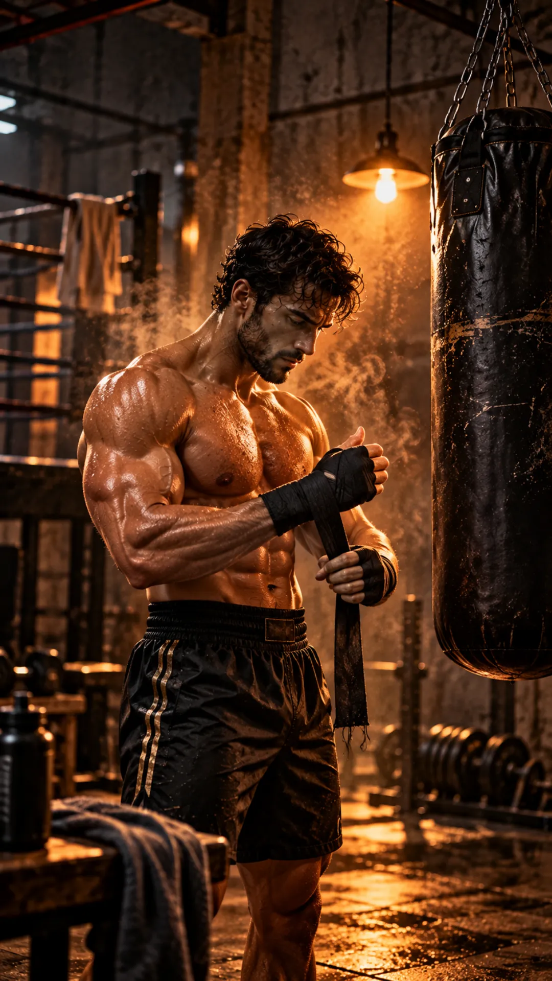 Gym motivation wallpaper featuring a muscular athlete wrapping his hands beside a punching bag in a dimly lit gym.