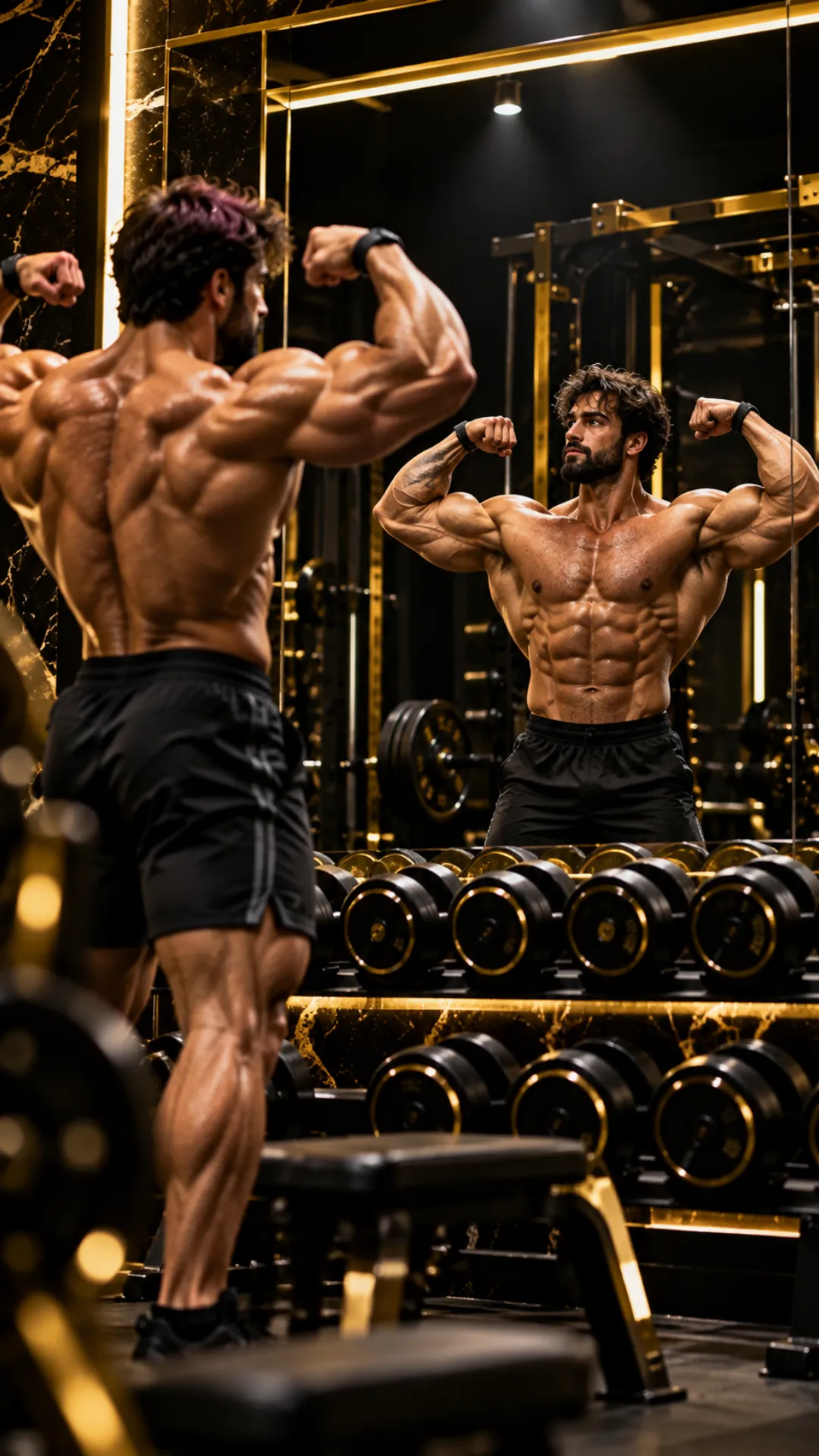 Gym motivation wallpaper featuring a muscular bodybuilder flexing in a mirror inside a black and gold gym.