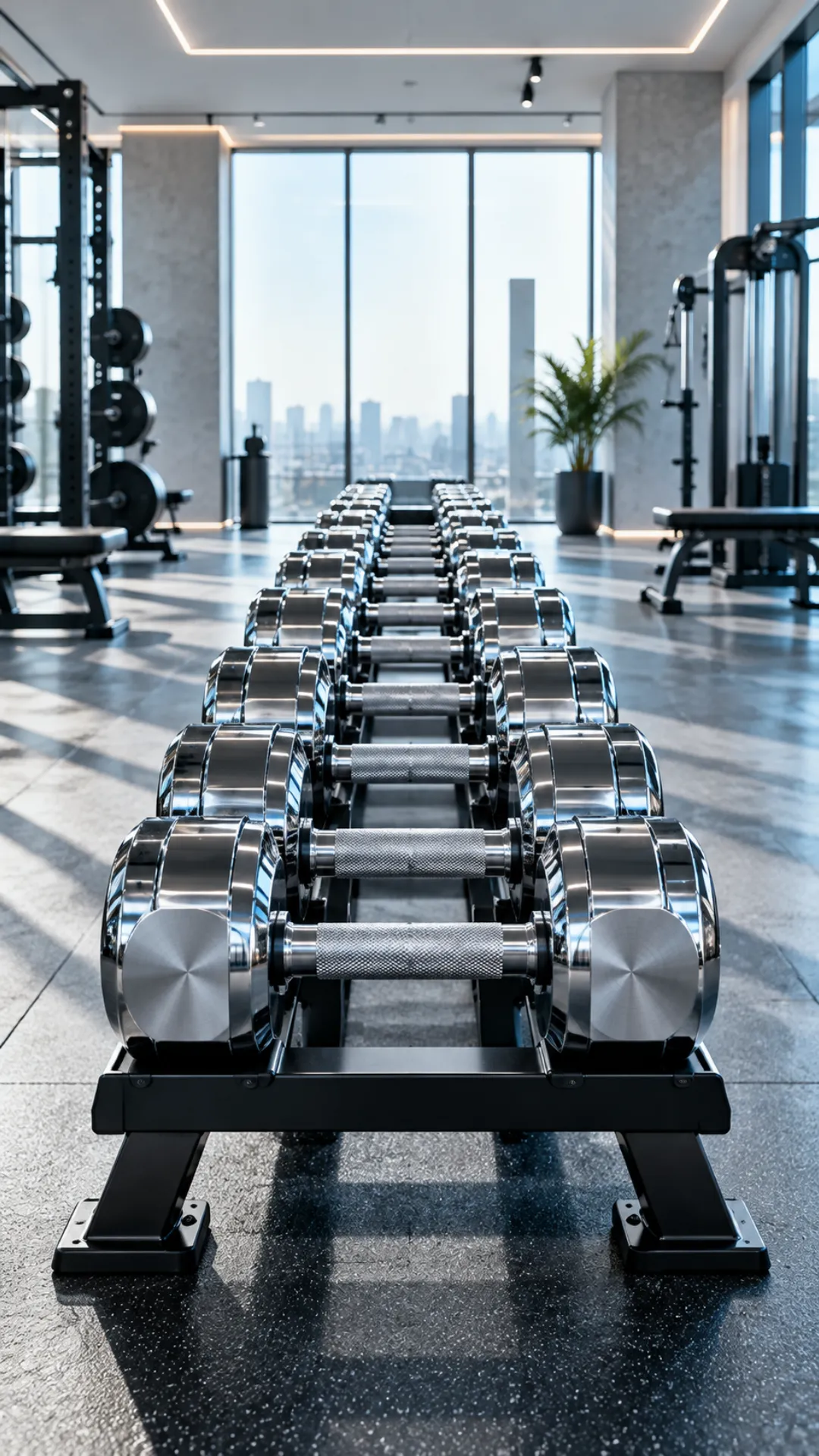 Gym motivation wallpaper featuring chrome dumbbells arranged on a rack in a bright modern fitness gym.