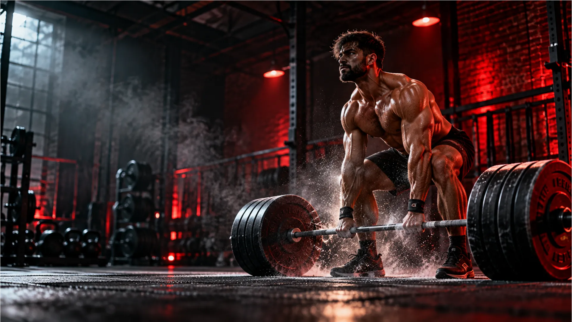 Gym motivation wallpaper featuring a muscular man lifting a heavy barbell in a dramatic red-lit gym.