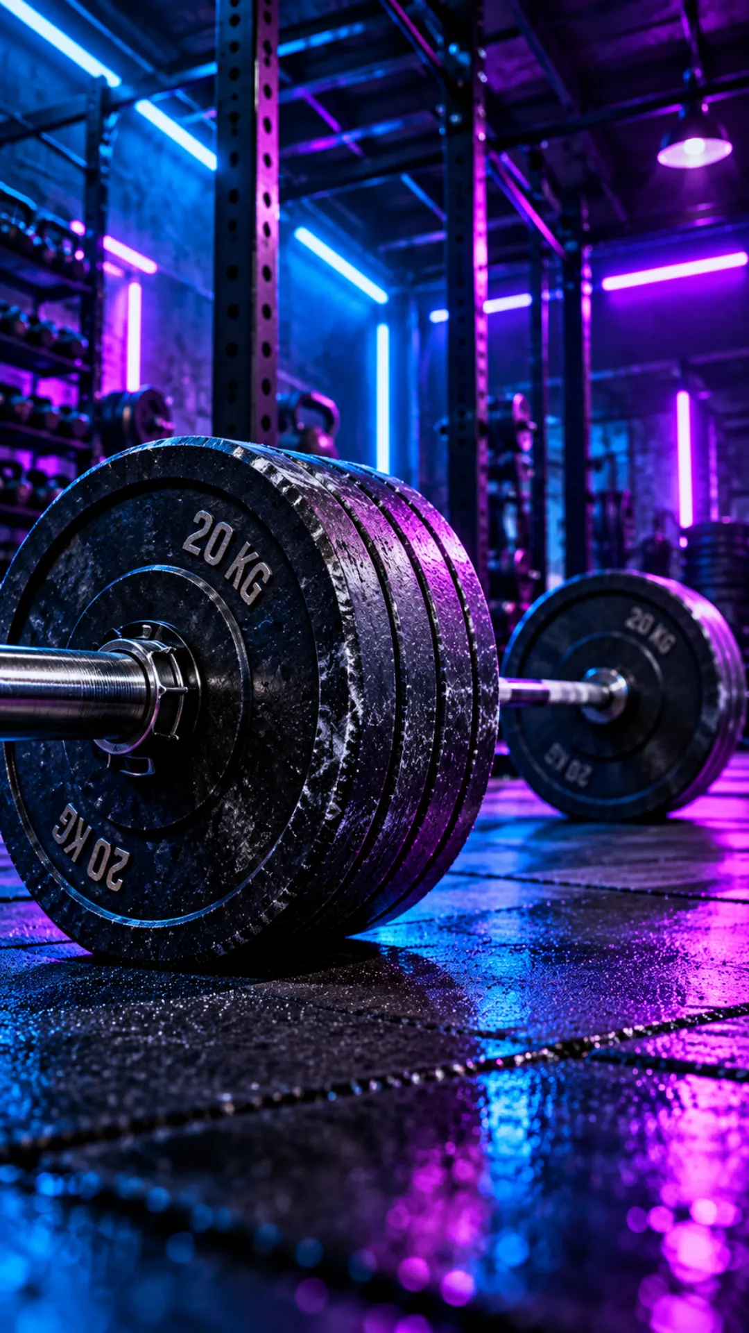 Gym motivation wallpaper featuring a loaded barbell with black weight plates under blue and purple neon gym lights.