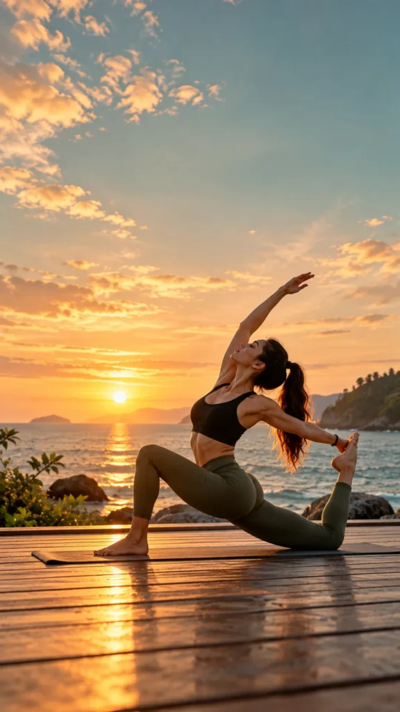 Gym motivation wallpaper featuring a woman stretching on a yoga mat beside the ocean at golden sunset.