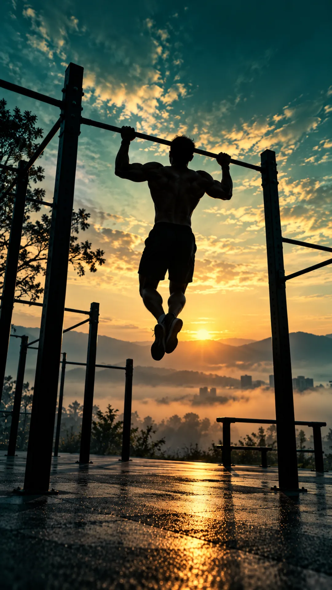 Gym motivation wallpaper featuring a man doing pull-ups on an outdoor bar against a golden sunrise.