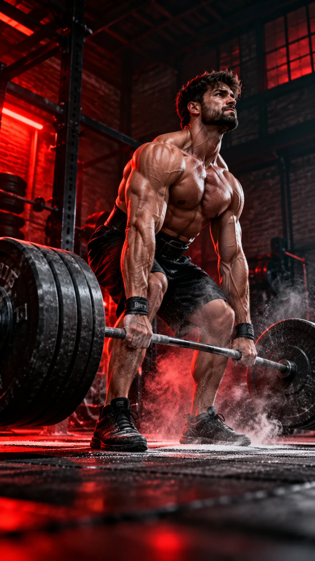 Gym motivation wallpaper featuring a muscular bodybuilder lifting a heavy barbell in a dramatic red-lit gym.