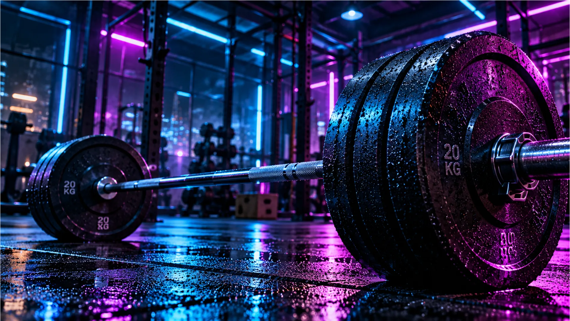 Gym motivation wallpaper featuring a loaded barbell with black weight plates under blue and purple neon lights.