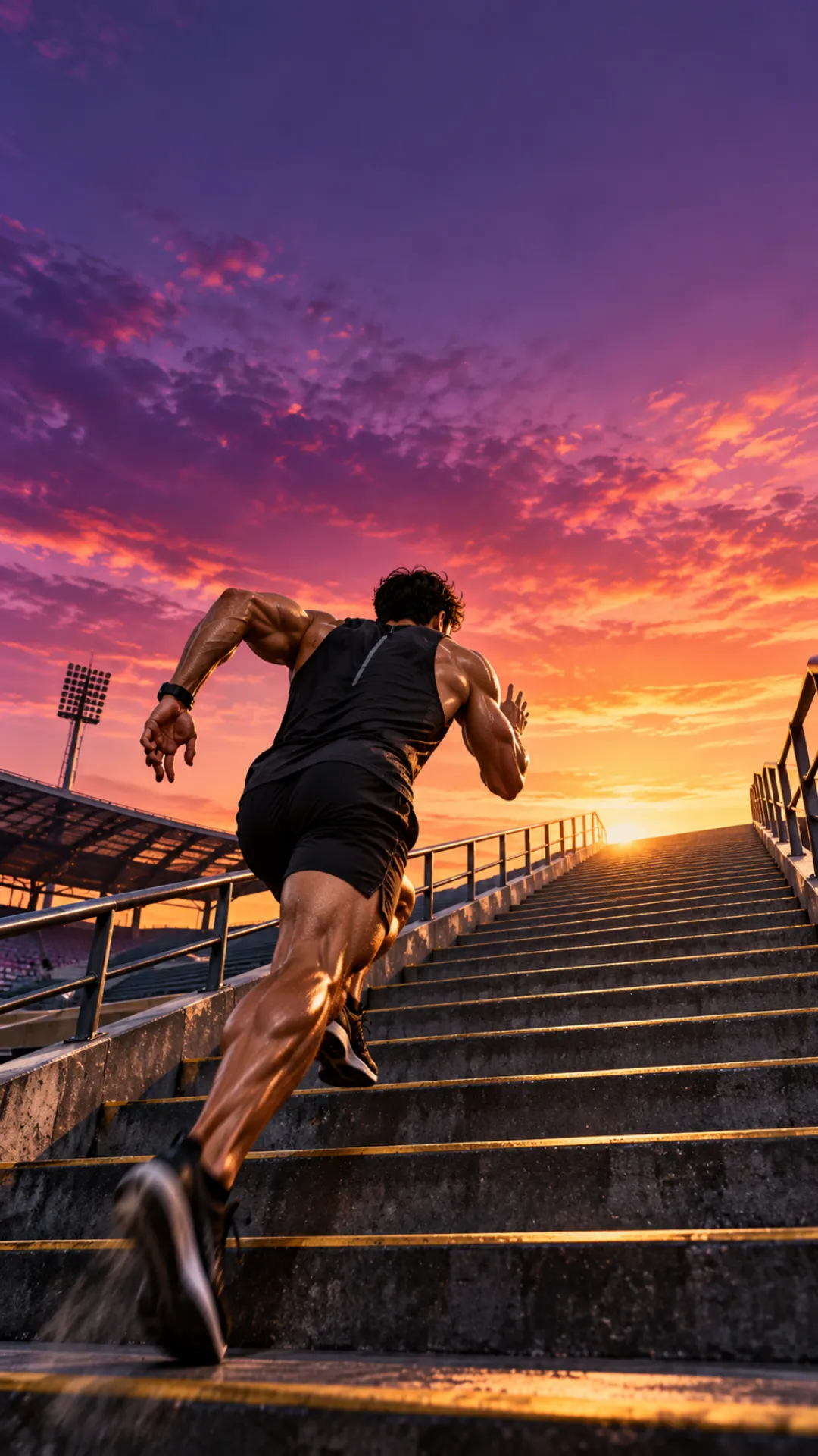 Gym motivation wallpaper featuring an athletic man sprinting up stadium stairs beneath a vibrant sunset sky.