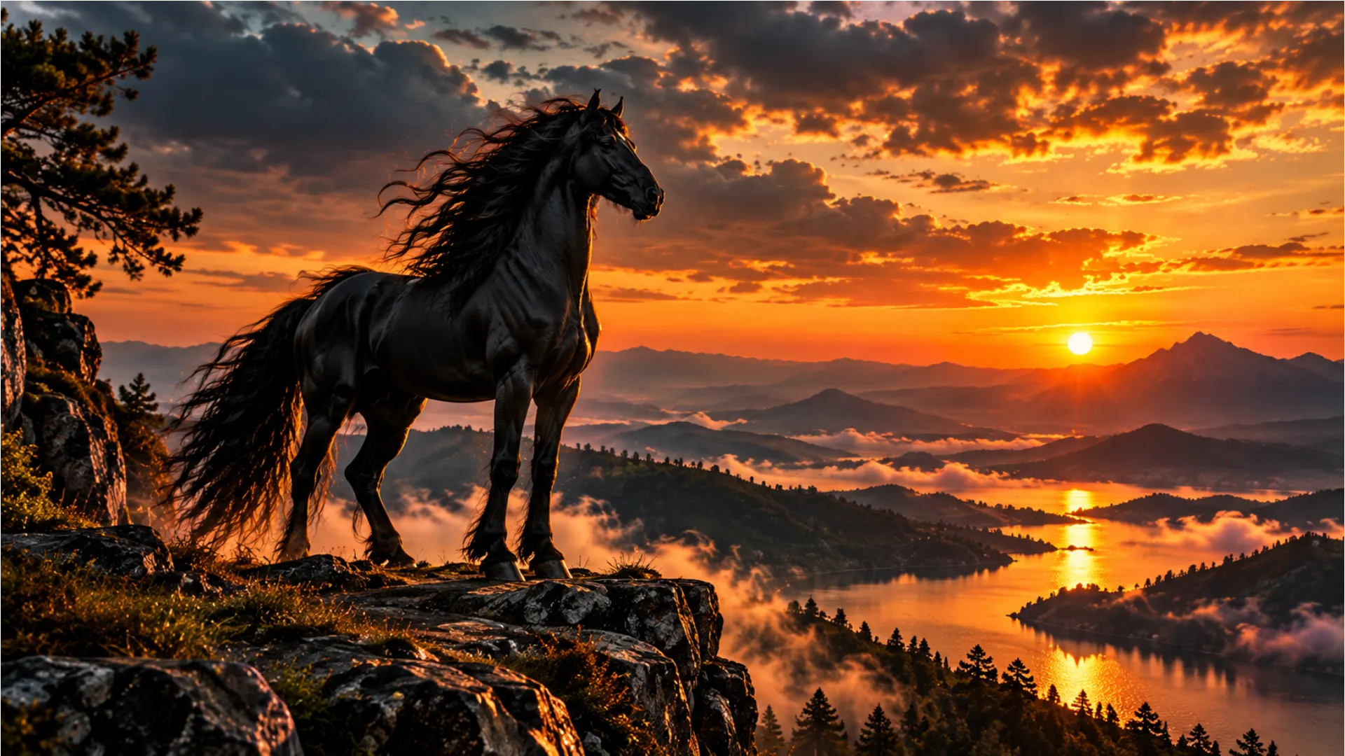 Horse wallpaper HD featuring a majestic black horse on a rocky cliff overlooking a golden sunset and misty mountains.