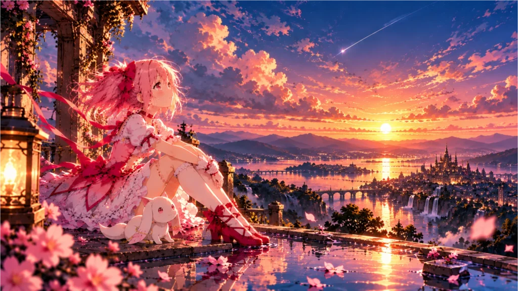 Madoka 4K live wallpaper featuring Madoka Kaname watching a colorful sunset over a magical city and lake.