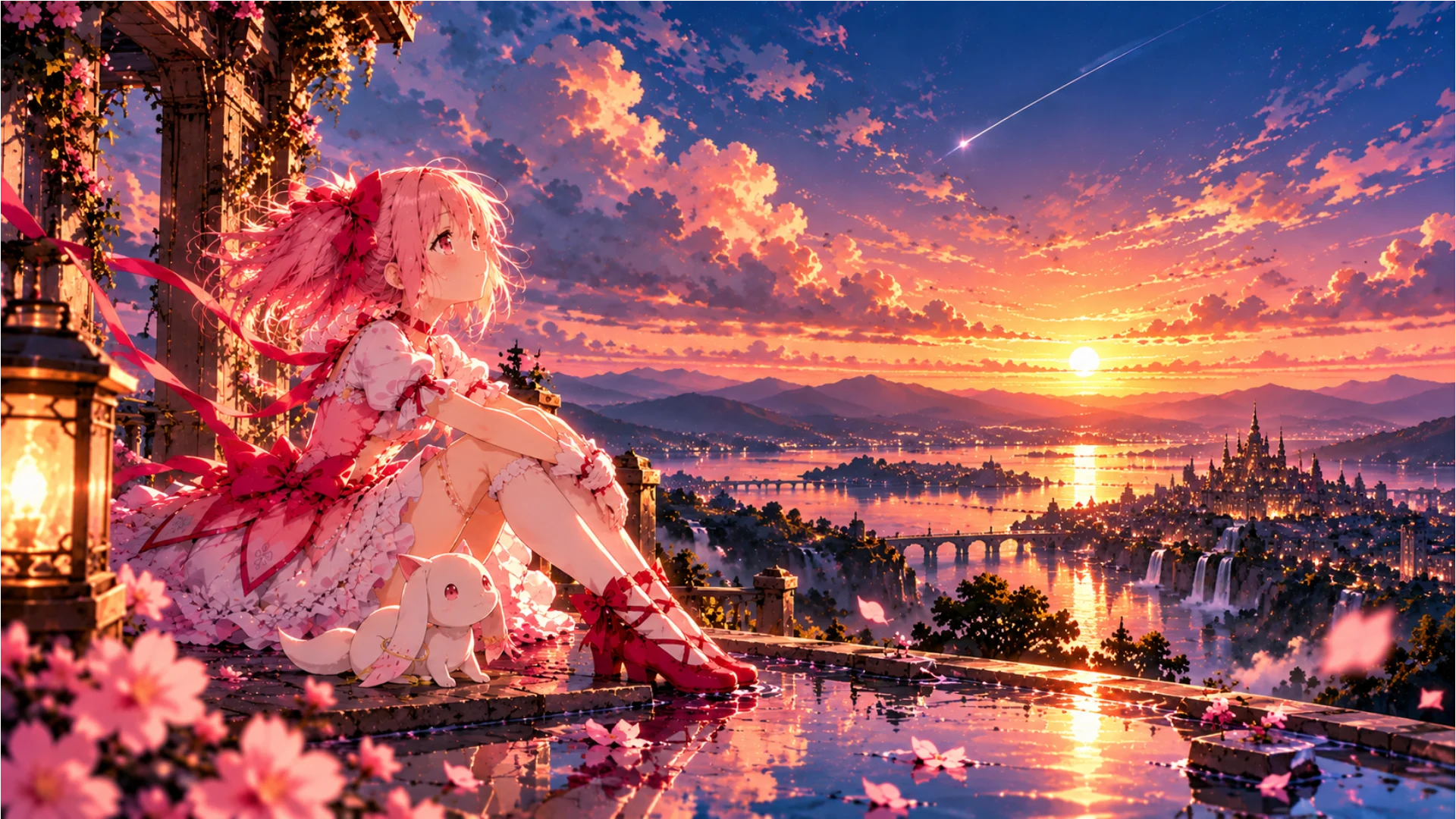 Madoka 4K live wallpaper featuring Madoka Kaname watching a colorful sunset over a magical city and lake.