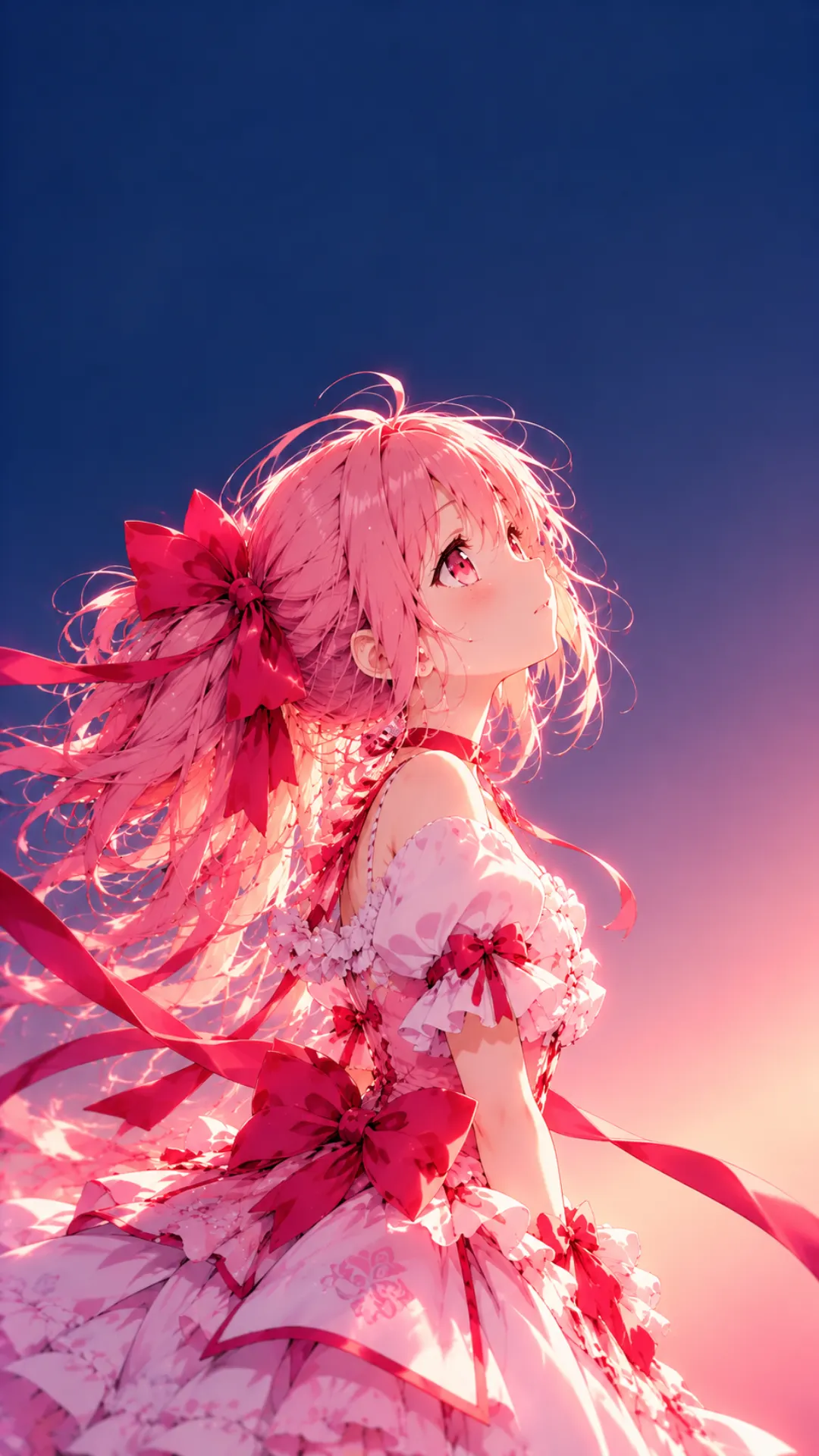 Madoka 4K live wallpaper featuring a pink-haired magical anime girl in a flowing pink dress beneath a sunset sky.