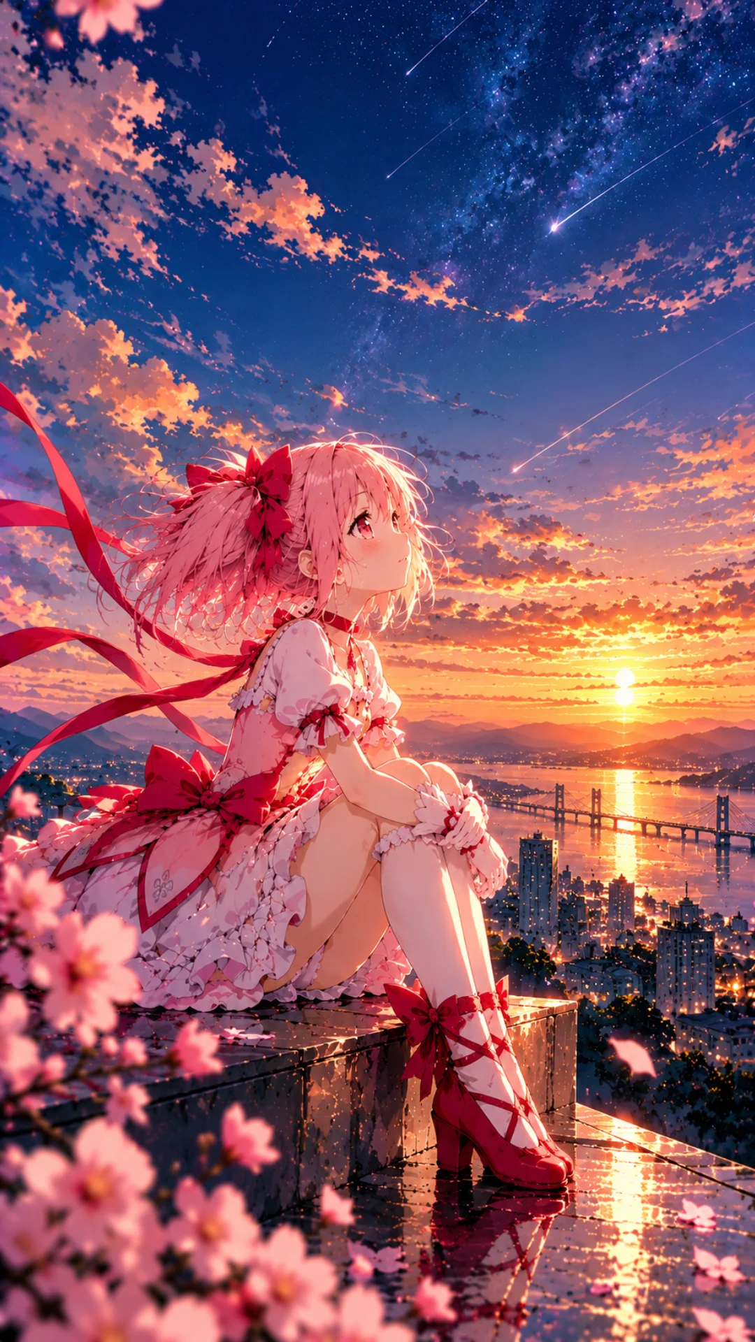 Madoka 4K live wallpaper featuring a pink-haired anime girl beneath a starry sunset sky overlooking a glowing city.