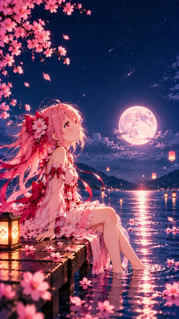 Madoka 4K live wallpaper featuring a pink-haired anime girl beside a glowing pink moonlit lake with cherry blossoms.