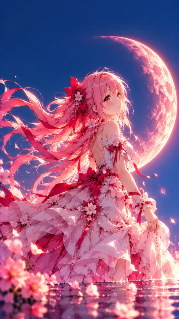 Madoka 4K live wallpaper featuring a pink-haired anime girl in a floral dress beneath a glowing pink crescent moon.