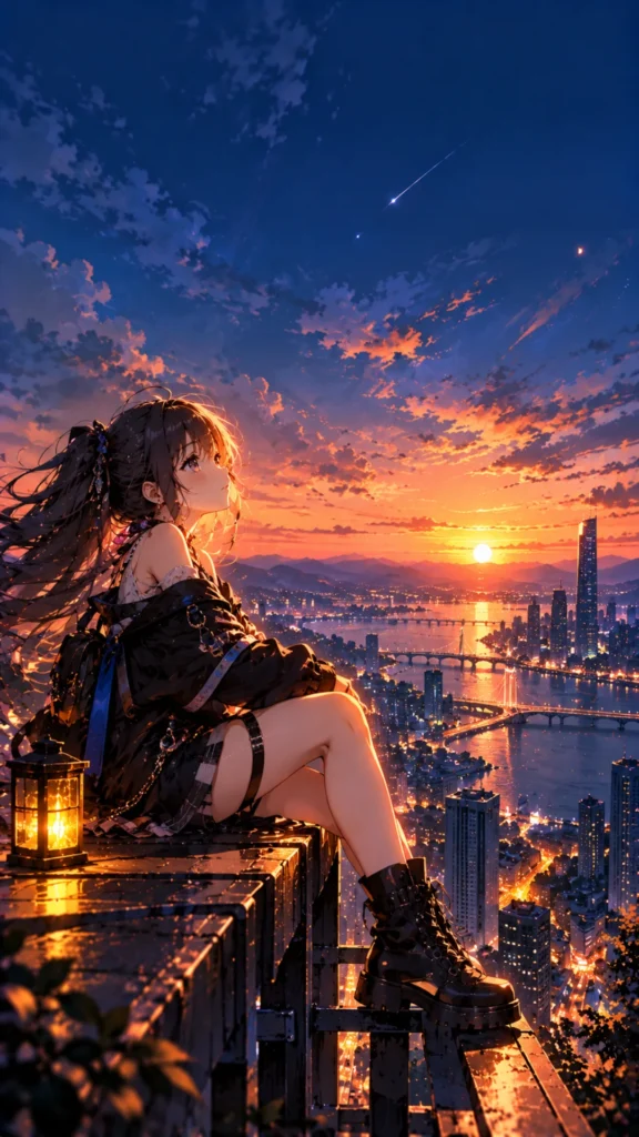 Madoka 4K live wallpaper featuring a dark-haired anime girl in black sitting above a glowing city at sunset.