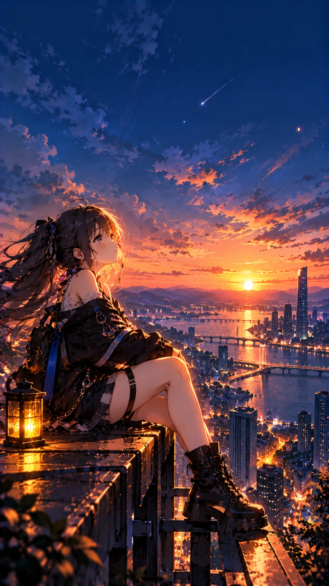 Madoka 4K live wallpaper featuring a dark-haired anime girl in black sitting above a glowing city at sunset.