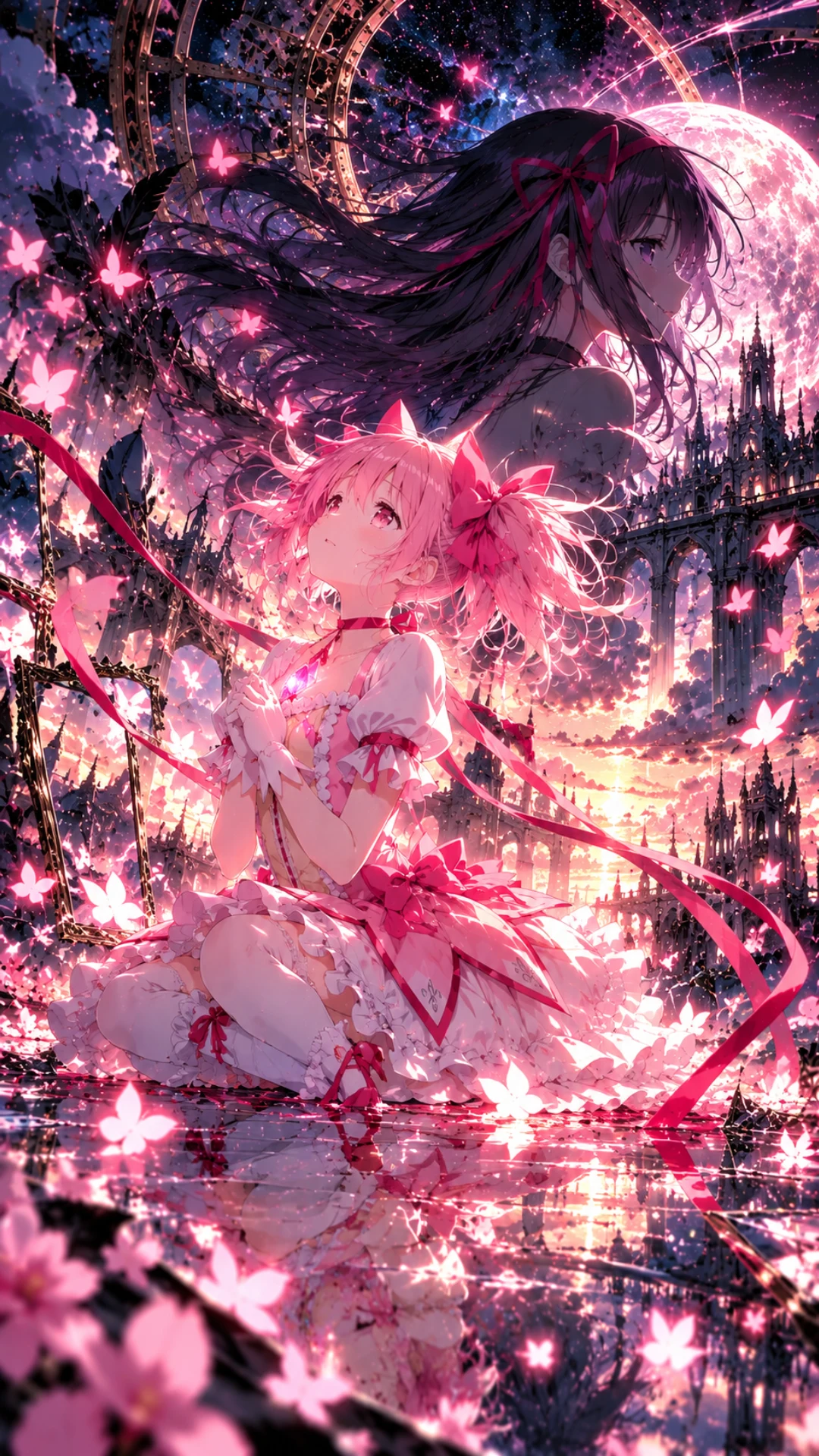 Madoka 4K live wallpaper featuring Madoka Kaname, glowing pink butterflies, and a magical gothic fantasy castle.