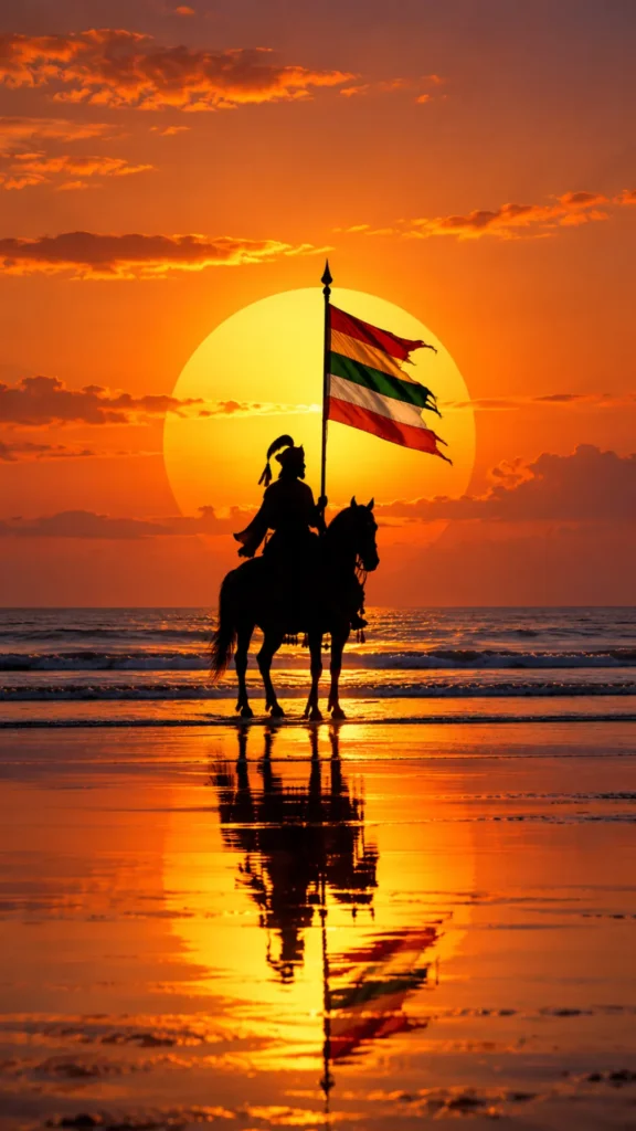 Ramapir riding a horse with a colorful Neja flag on a beach at sunset