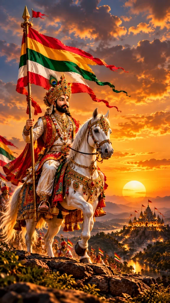 Shri Ramapir riding a decorated white horse with colorful Neja flags at sunset
