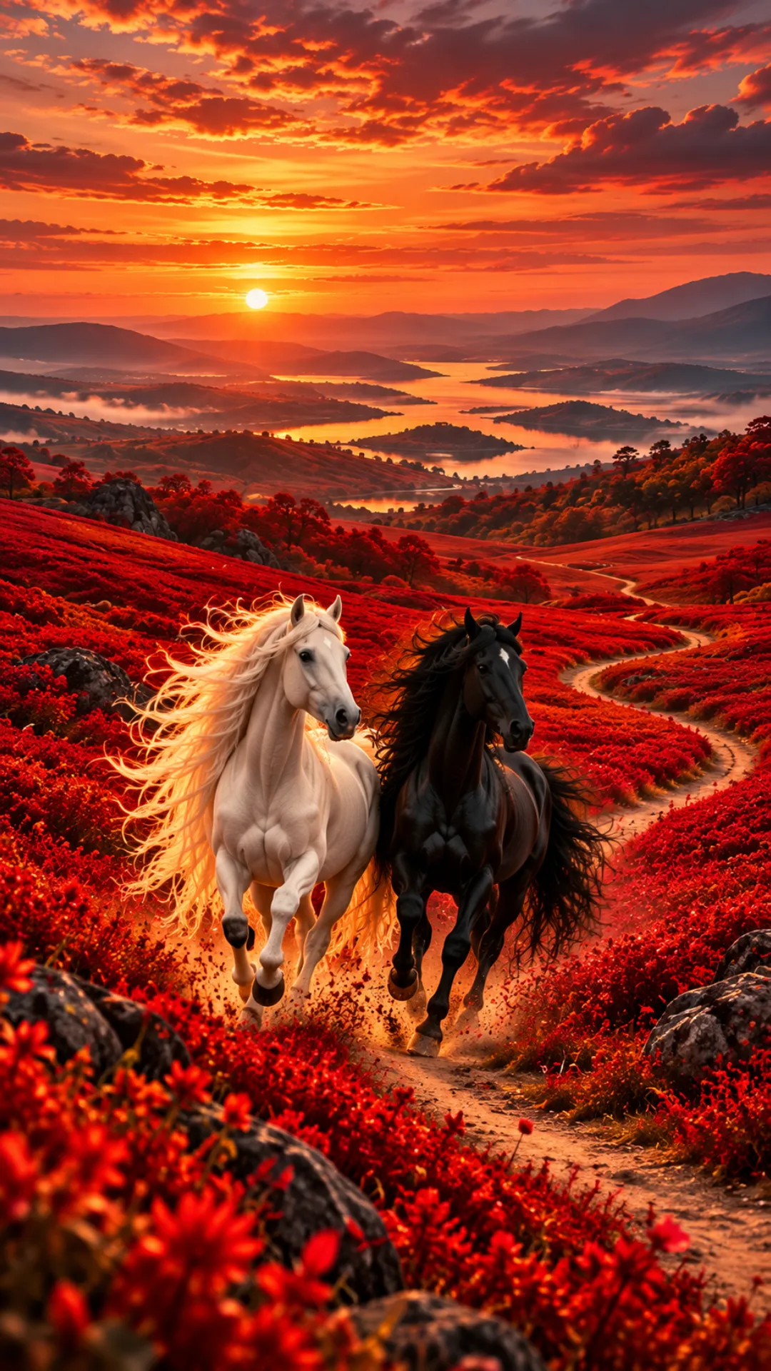 Running horse wallpaper featuring white and black horses galloping through a red flower meadow at sunset.