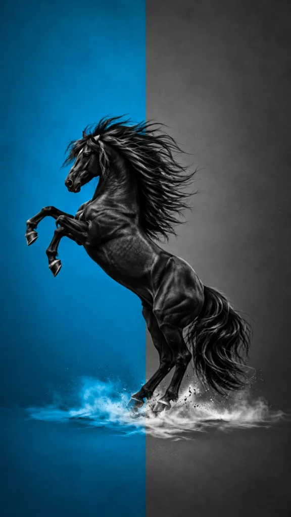 Running horse wallpaper featuring a rearing black horse with a flowing mane against a blue and gray background.