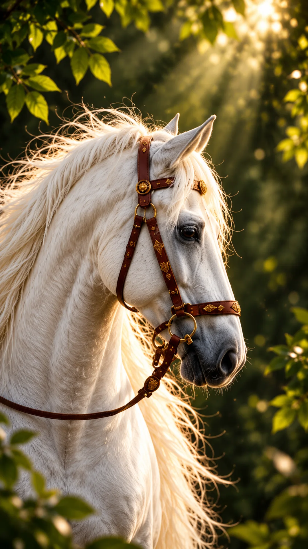 White horse wallpaper featuring a majestic white horse with a flowing mane and golden bridle in a sunlit forest.