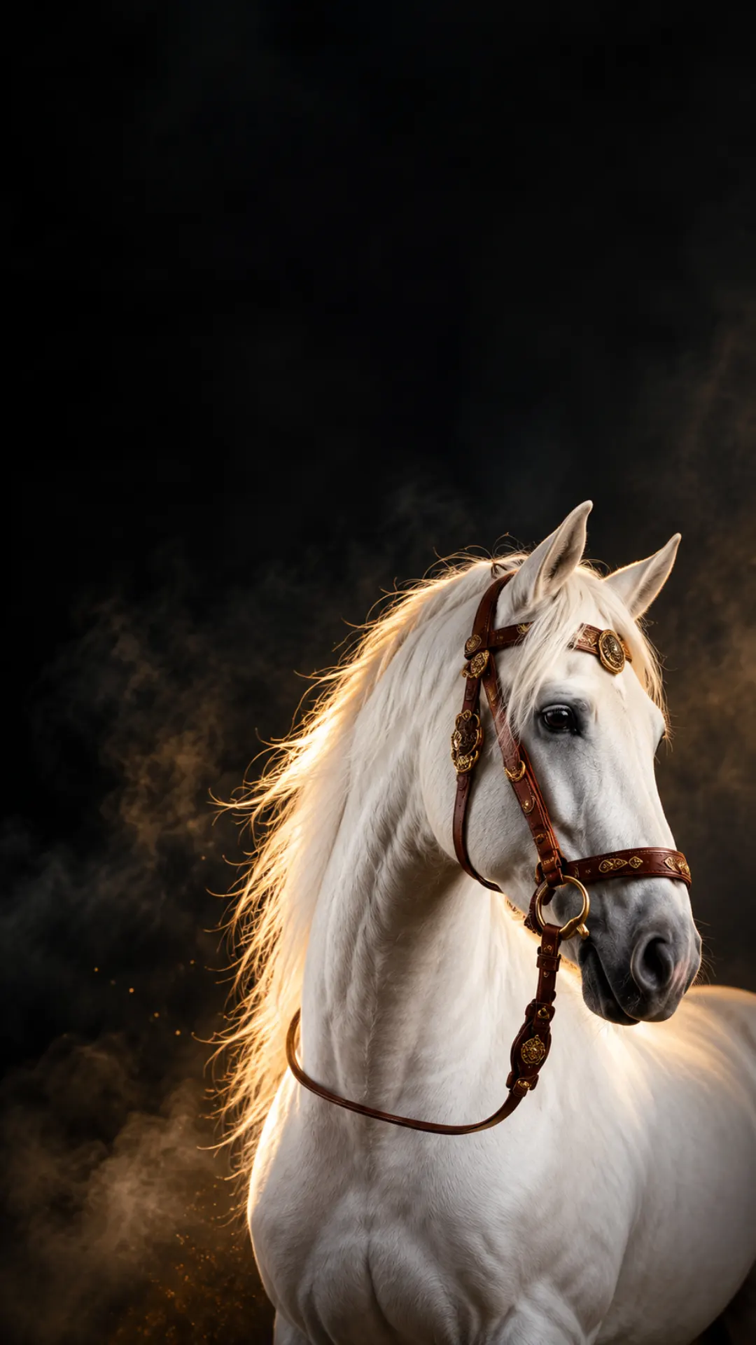 White horse wallpaper featuring a majestic white horse with a flowing mane and brown bridle against a dark background.